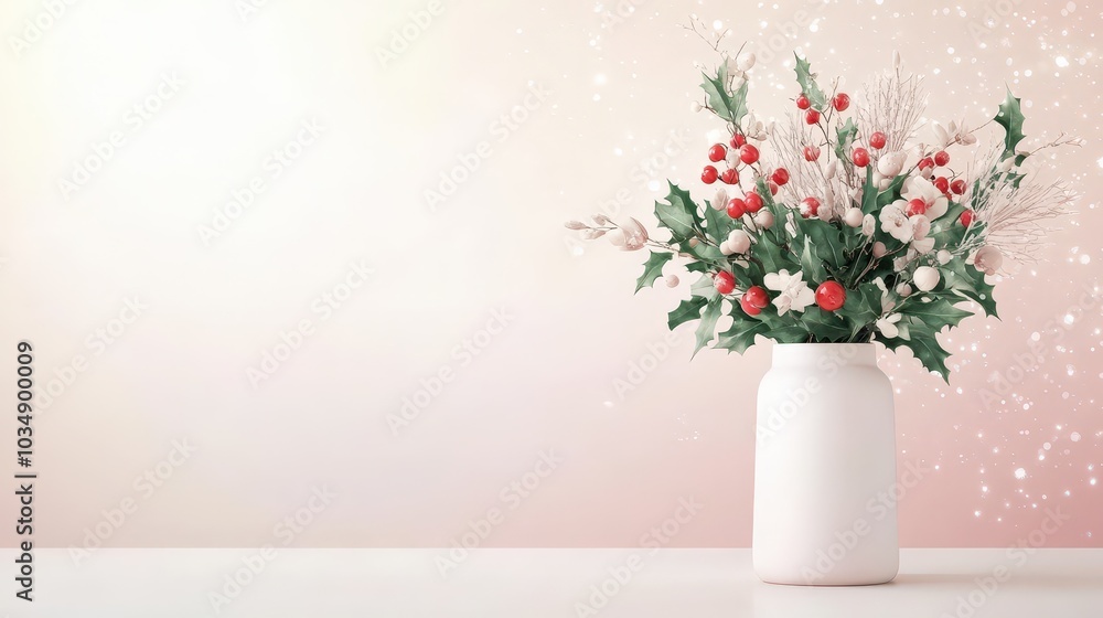 White Vase with Red Berries and White Flowers on Pink Background. White Vase with Red Berries and White Flowers on Pink Background.