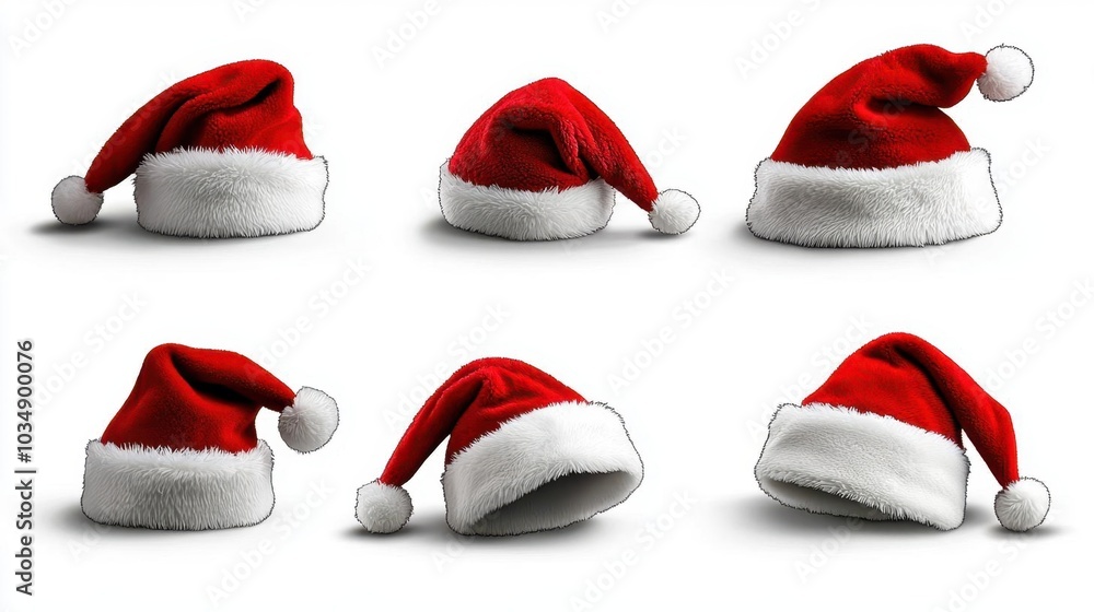 A photostock images of multiple Santa hats in different positions, isolated on white background, High Quality A photostock images of multiple Santa hats in different positions, isolated on white background, High Quality