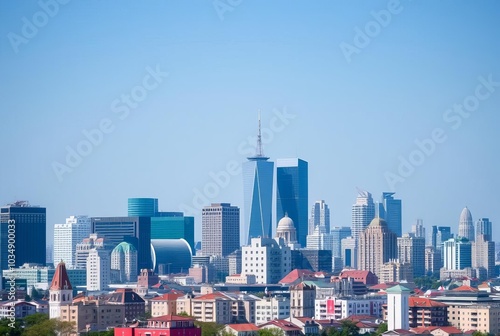 City Skyline Buildings of varying heights arranged along a horiz photo