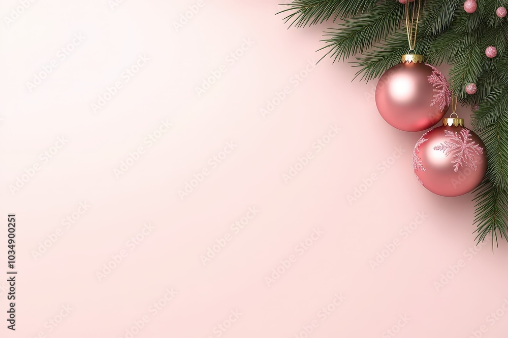 Pink Christmas Ornaments with Pine Branch on Pink Background. Pink Christmas Ornaments with Pine Branch on Pink Background.