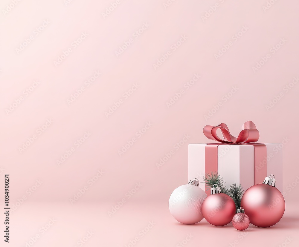 Pink Christmas Gift Box with Ornaments on a Pink Background. Pink Christmas Gift Box with Ornaments on a Pink Background.