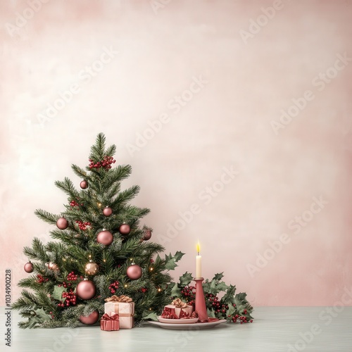 Christmas Tree with Pink Ornaments and Candle on Pink Background.