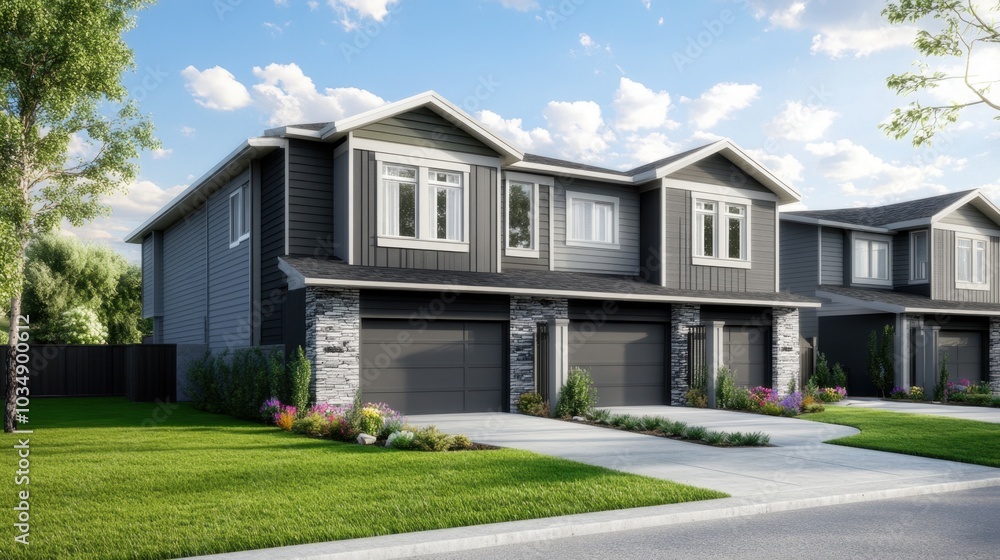 A charming new development with light gray siding, stone accents, and a single car garage, boasting modern design. A charming new development with light gray siding, stone accents, and a single car garage, boasting modern design.