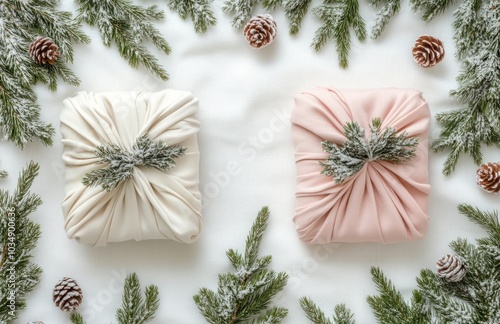 Frosted Christmas Gifts Wrapped in Pink and Beige Fabric Surrounded by Pine Branches