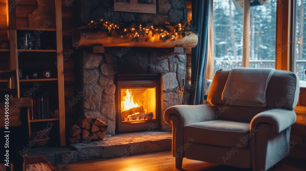 A cozy, rustic living room with a glowing fireplace, comfortable armchair, and peaceful, warm lighting, perfect for relaxation. A cozy, rustic living room with a glowing fireplace, comfortable armchair, and peaceful, warm lighting, perfect for relaxation.