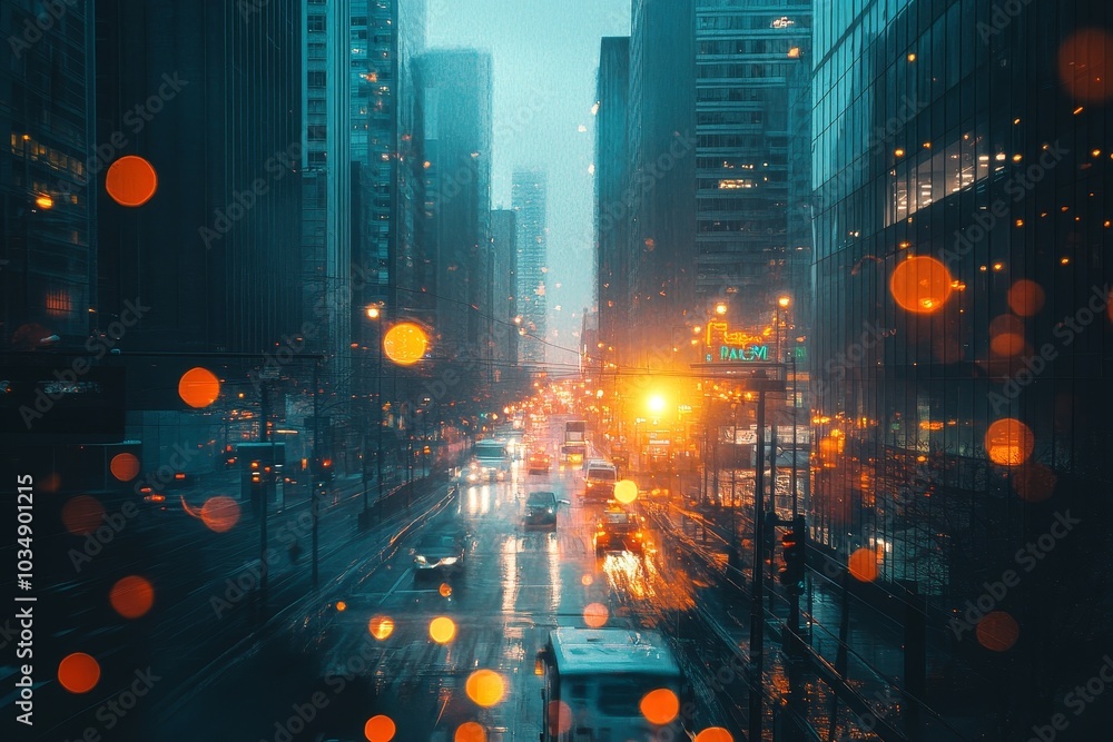 A rainy evening in a city with a view of traffic and tall buildings. A rainy evening in a city with a view of traffic and tall buildings.