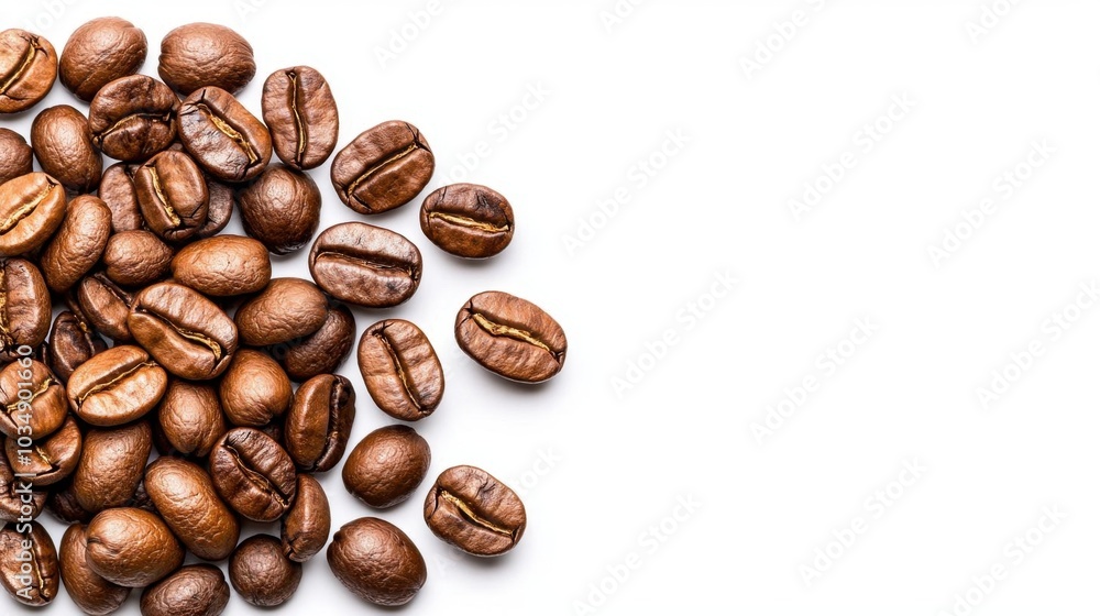 Fototapeta premium A photostock images of roasted coffee beans scattered on a surface, isolated on white background, High Quality