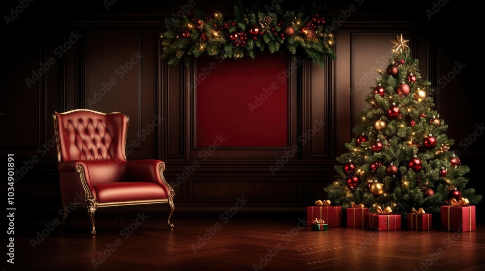 Elegant Christmas Interior with Red Chair and Decorated Christmas Tree. Elegant Christmas Interior with Red Chair and Decorated Christmas Tree.
