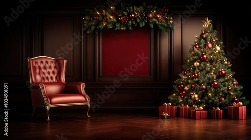 Elegant Christmas Interior with Red Chair and Decorated Christmas Tree.