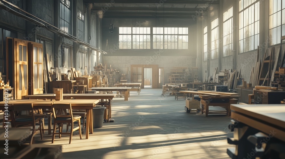 A large, empty workshop with wooden workbenches, tools, and materials, bathed in the warm light of the morning sun. A large, empty workshop with wooden workbenches, tools, and materials, bathed in the warm light of the morning sun.