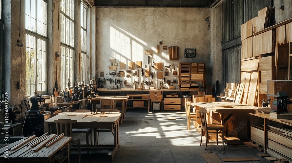 A large, airy workshop space filled with woodworking tools, materials, and finished products. Sunbeams stream through the windows, illuminating the space. A large, airy workshop space filled with woodworking tools, materials, and finished products. Sunbeams stream through the windows, illuminating the space.
