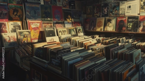 A nostalgic record store scene with vintage posters and a wide selection of vinyl records, perfect for music enthusiasts.