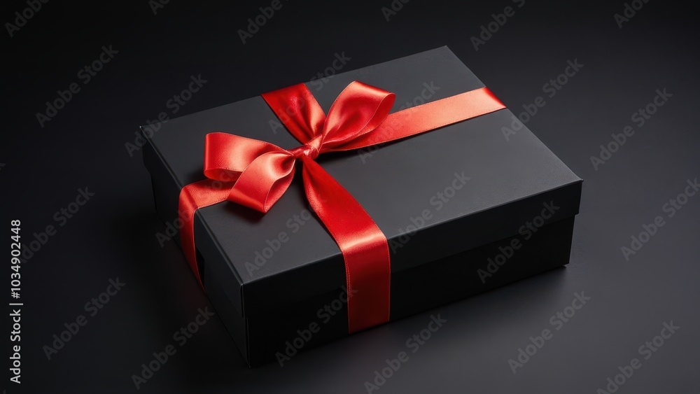 Elegant Black Gift Box with Red Ribbon. A sleek black gift box with a vibrant red satin ribbon bow, set against a dark background. Perfect for festive, luxury, or promotional designs Elegant Black Gift Box with Red Ribbon. A sleek black gift box with a vibrant red satin ribbon bow, set against a dark background. Perfect for festive, luxury, or promotional designs