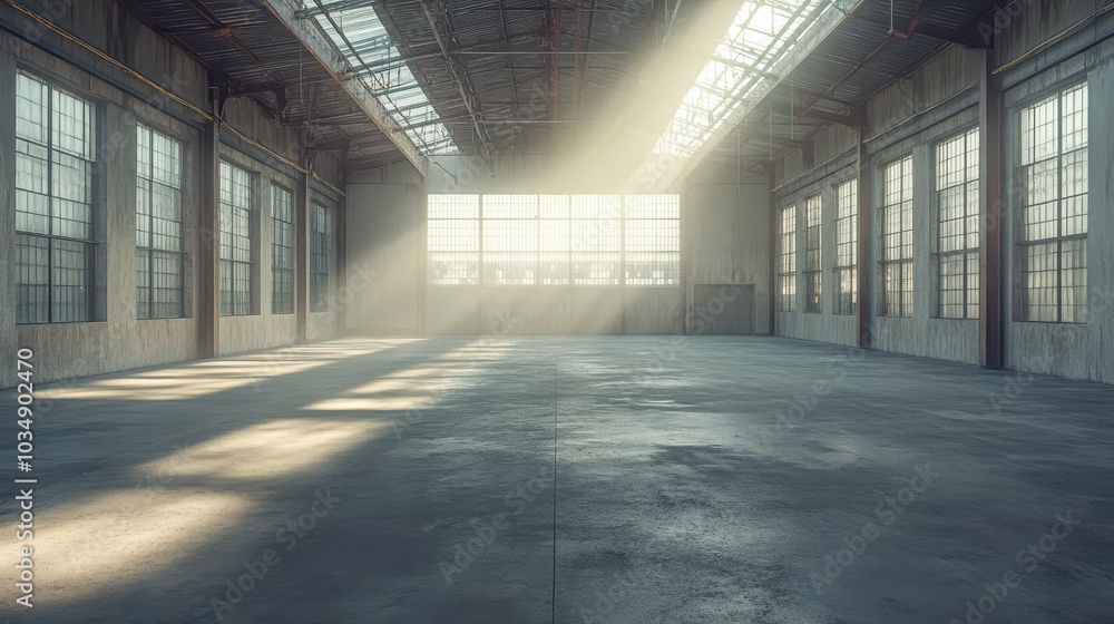 Sunlit Industrial Warehouse Interior with Large Windows and Concrete Floor Sunlit Industrial Warehouse Interior with Large Windows and Concrete Floor