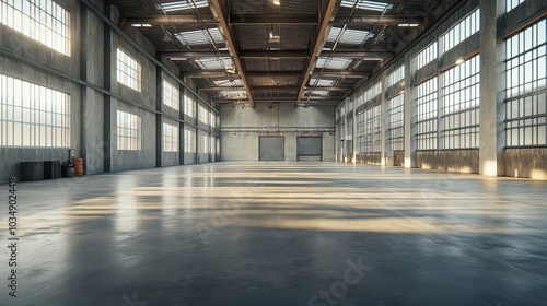 Spacious Industrial Warehouse Interior with Sunlit Windows and Concrete Floors