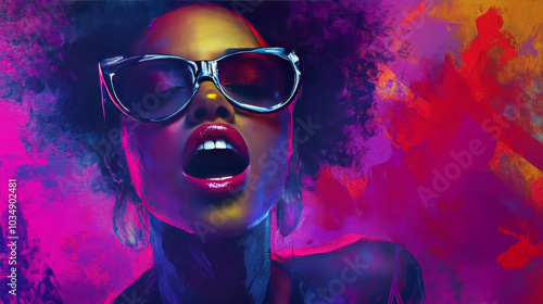 A colorful, modern artwork featuring a stylish dancer with a large, expressive mouth. The background is a flowing, purple urban scene. There's space for text.