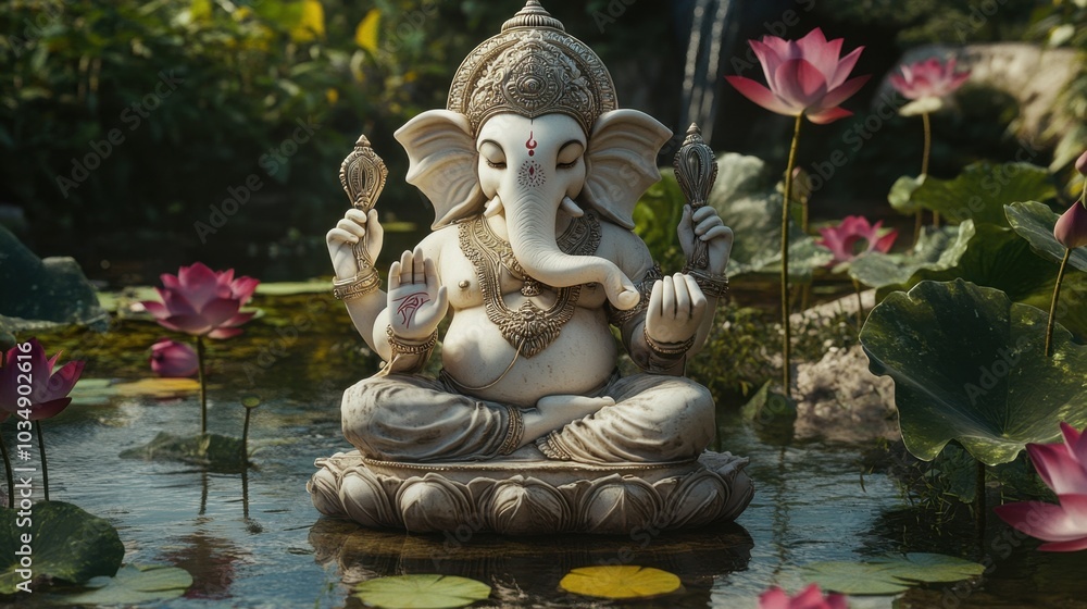 A serene white Ganesha statue meditating peacefully in a lotus-filled landscape, surrounded by tranquility and nature. A serene white Ganesha statue meditating peacefully in a lotus-filled landscape, surrounded by tranquility and nature.