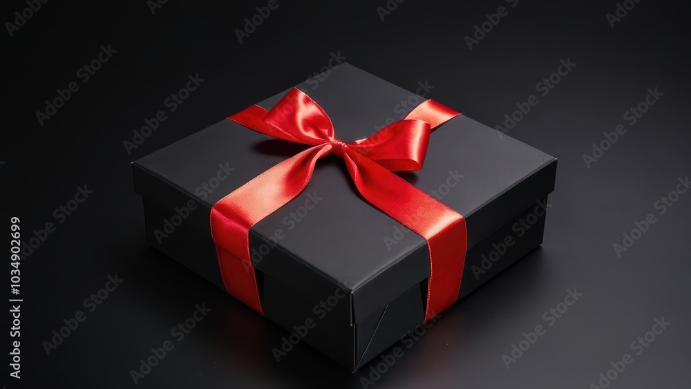 Obraz premium Luxury Gift Box with Red Satin Ribbon. A matte black gift box tied with a red satin ribbon. Clean and elegant, perfect for holiday promotions, greeting cards, and marketing visuals