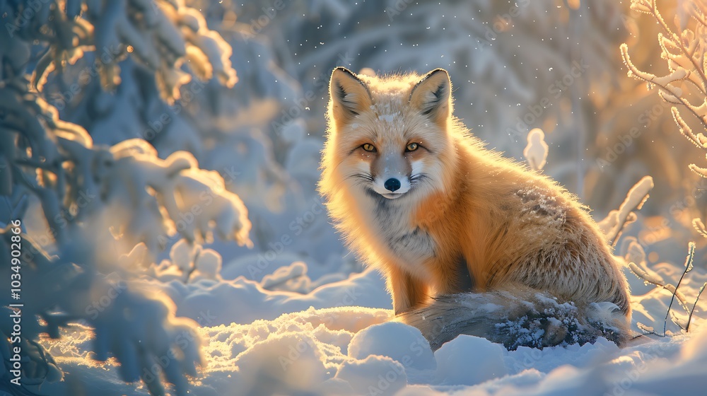 Obraz premium A fluffy polar fox with perfect golden fur fitting perfectly with the snowy setting