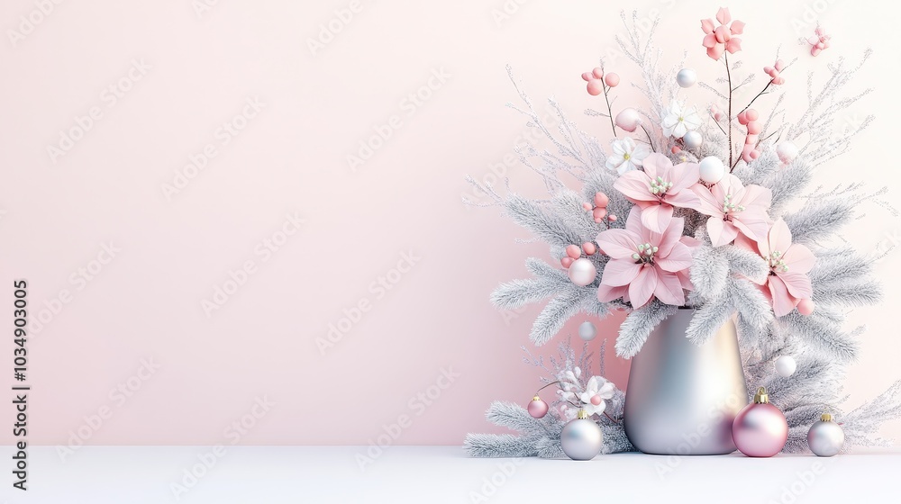 Pink Poinsettia Flowers in Silver Vase with Christmas Decorations Against Pink Background. Pink Poinsettia Flowers in Silver Vase with Christmas Decorations Against Pink Background.