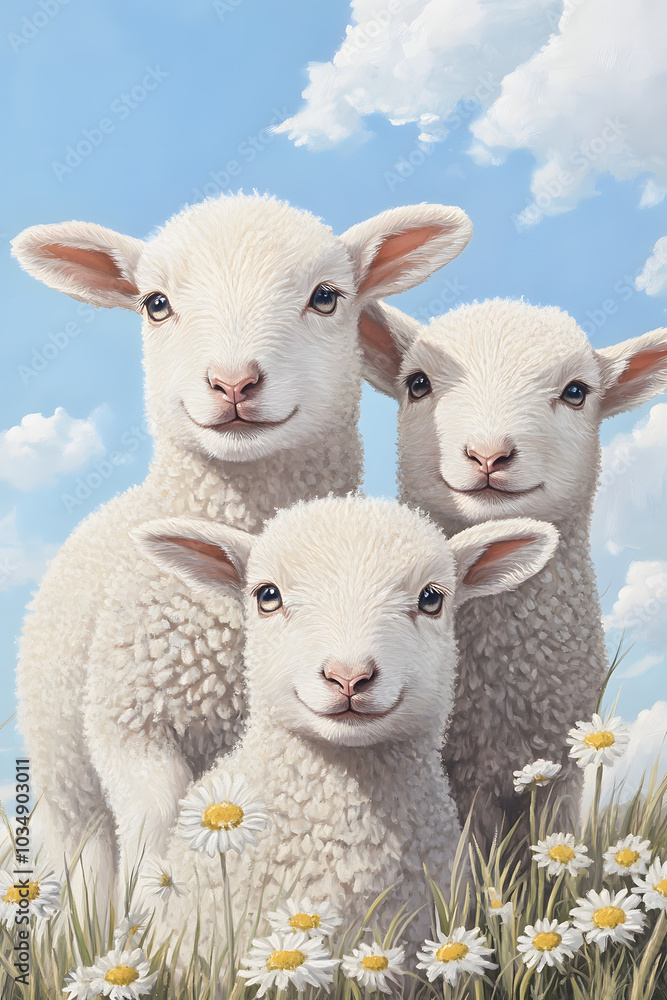 Three Adorable Lambs in a Field of Daisies Three Adorable Lambs in a Field of Daisies