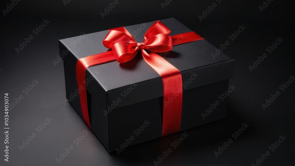 Minimalist Black Box with Red Ribbon. A stylish black gift box with a bright red ribbon on a dark background. Ideal for holiday, birthday, or luxury advertising materials Minimalist Black Box with Red Ribbon. A stylish black gift box with a bright red ribbon on a dark background. Ideal for holiday, birthday, or luxury advertising materials