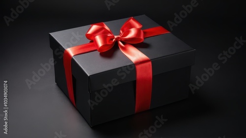 Minimalist Black Box with Red Ribbon. A stylish black gift box with a bright red ribbon on a dark background. Ideal for holiday, birthday, or luxury advertising materials