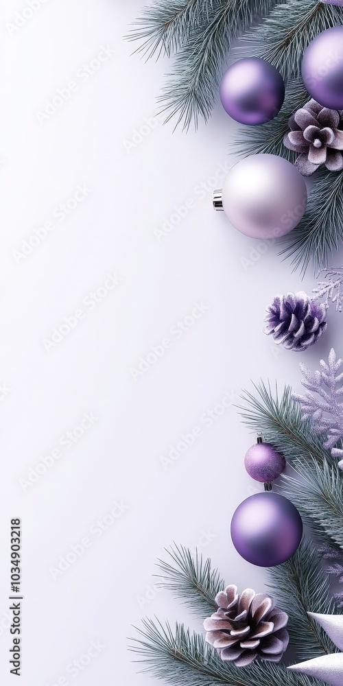 Elegant Purple Christmas Ornament and Pine Branch Border on White Background. Elegant Purple Christmas Ornament and Pine Branch Border on White Background.