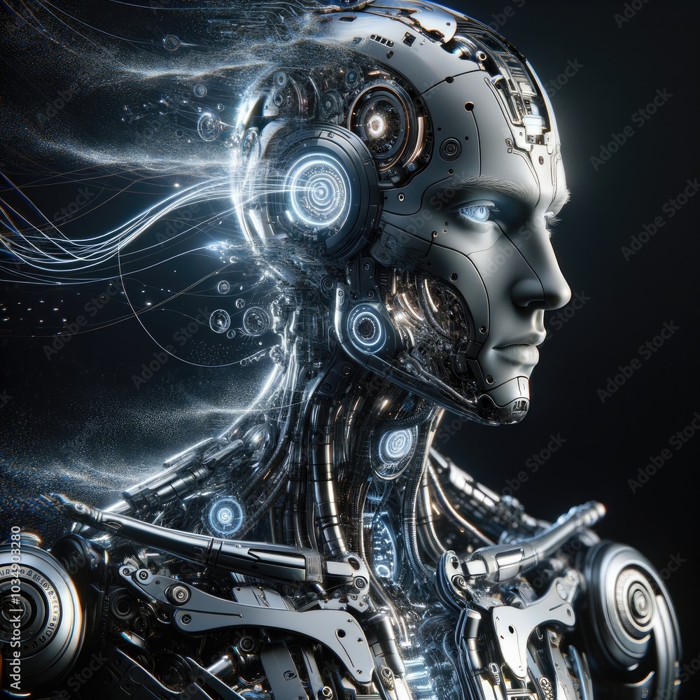 Futuristic Humanoid Cyborg: A Realistic Depiction of an Intricately Designed AI Being with Metallic Components, Digital Particles, and Advanced Technology Details Futuristic Humanoid Cyborg: A Realistic Depiction of an Intricately Designed AI Being with Metallic Components, Digital Particles, and Advanced Technology Details