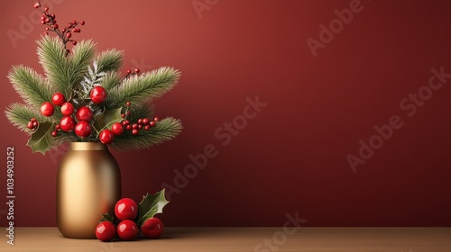 Festive Christmas Decoration with Red Berries and Pine Branches in a Gold Vase.