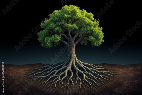 Abstract representation of a tree with deep roots Strength and s