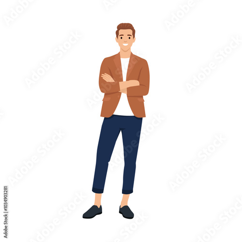 Businessman standing with folded arms pose. Flat vector illustration isolated on white background