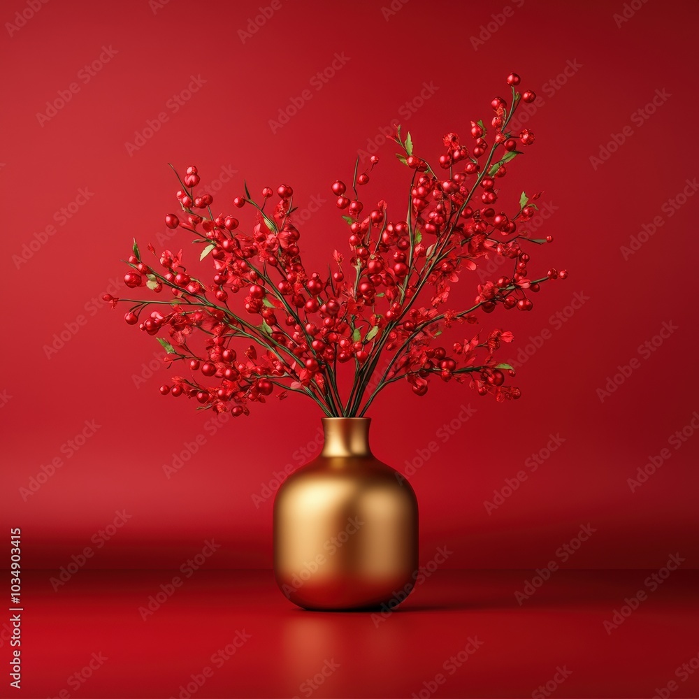 Red Berries in Golden Vase on Red Background. Red Berries in Golden Vase on Red Background.