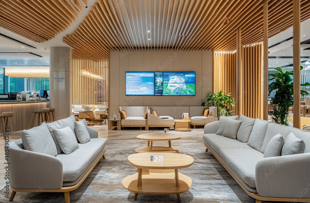 The lobby of the business center is decorated in light gray and wood tones, with comfortable sofas for the relaxation area, lounge chairs, coffee tables, and TV screens hanging from above. The lobby of the business center is decorated in light gray and wood tones, with comfortable sofas for the relaxation area, lounge chairs, coffee tables, and TV screens hanging from above.