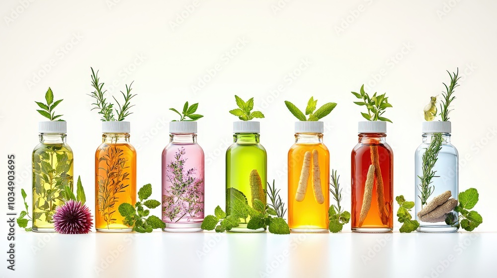Fototapeta premium Minimalist herbal apothecary close-up with tincture bottles and fresh herbs, including echinacea and ginseng, arranged neatly on a white background.