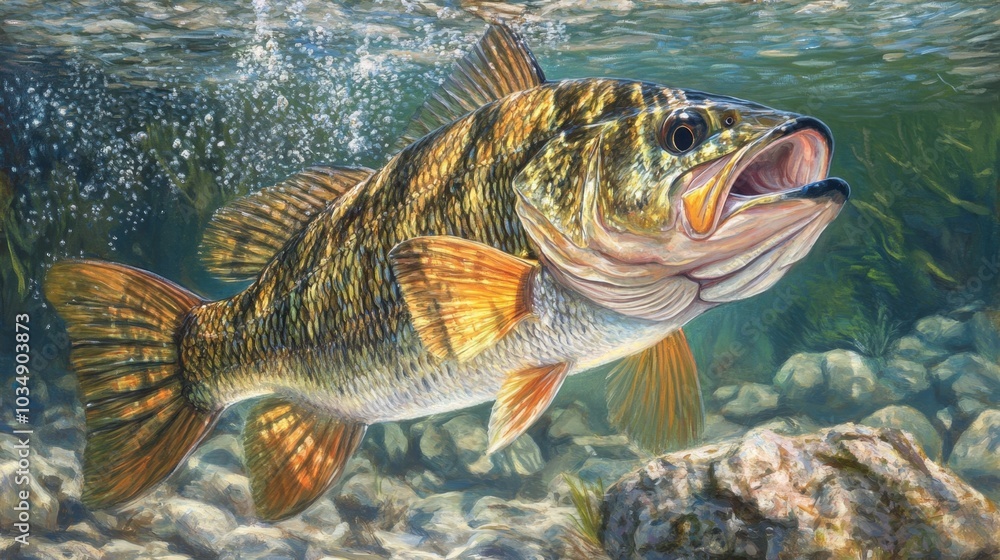 Fototapeta premium A vibrant largemouth bass swimming in clear freshwater, showcasing its colorful scales and dynamic movement.