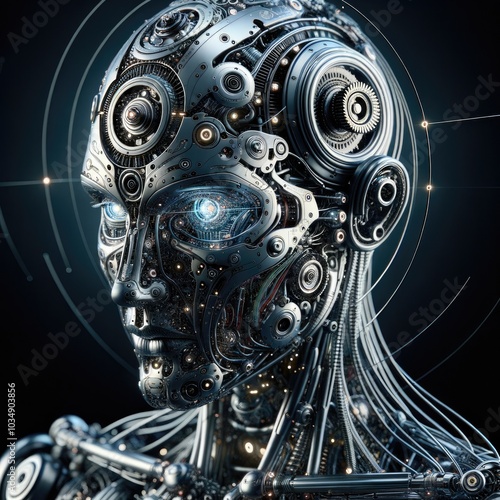 Futuristic Humanoid Cyborg: A Realistic Depiction of an Intricately Designed AI Being with Metallic Components, Digital Particles, and Advanced Technology Details