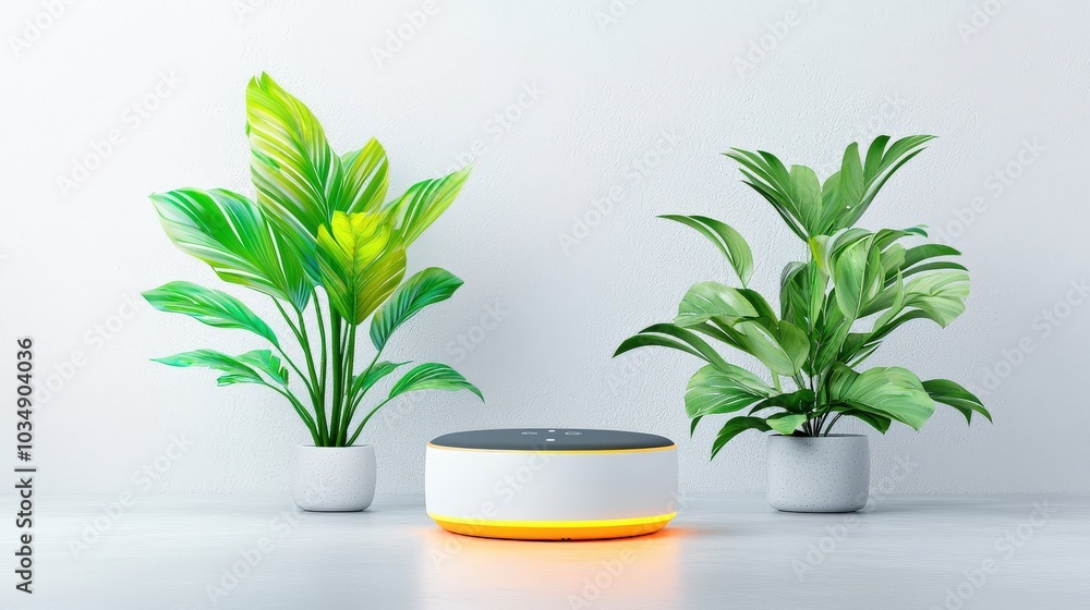 Modern smart home hub softly illuminated on a sleek gray surface, representing the integration of tech in daily life, with minimalist design and high resolution. Modern smart home hub softly illuminated on a sleek gray surface, representing the integration of tech in daily life, with minimalist design and high resolution.
