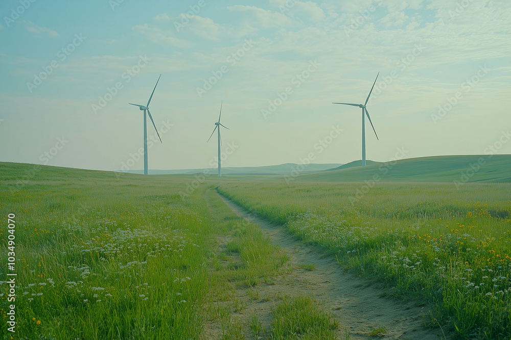 Obraz premium Wind Turbines in Lush Green Landscape