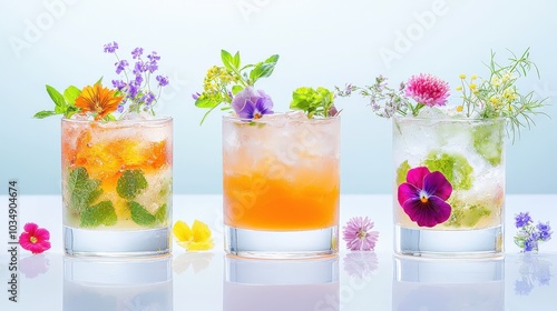 Seasonal Floral Cocktails: An array of seasonal cocktails decorated with seasonal flowers and herbs, reflecting the time of year during the banquet.