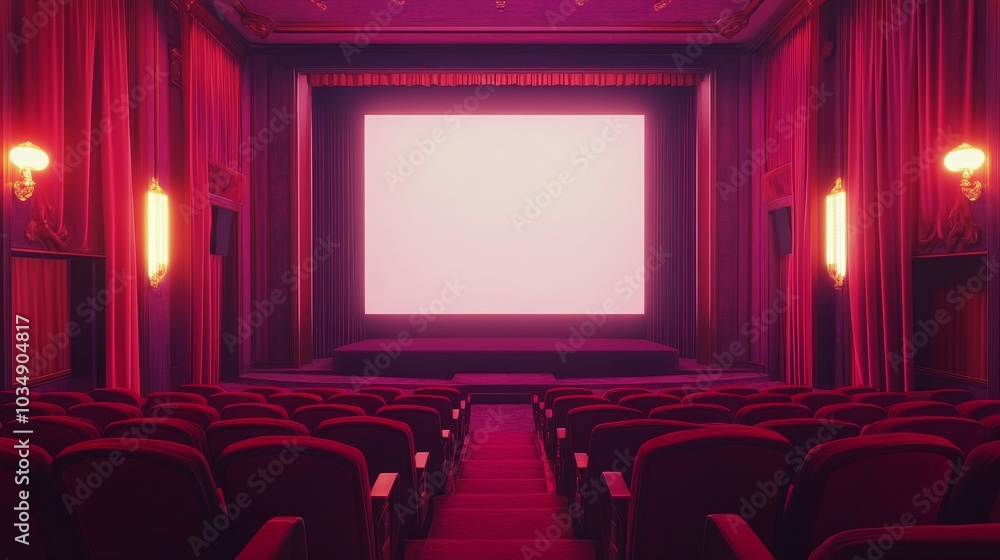 Fototapeta premium Empty vintage movie theater with red velvet seats and a large screen.