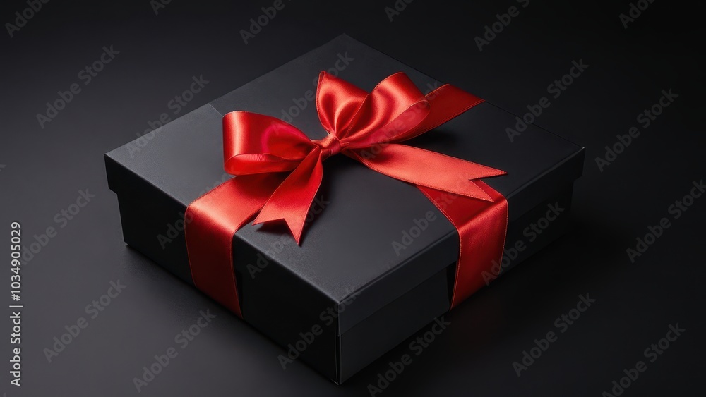 Obraz premium Luxury Gift Box with Red Satin Ribbon. A matte black gift box tied with a red satin ribbon. Clean and elegant, perfect for holiday promotions, greeting cards, and marketing visuals