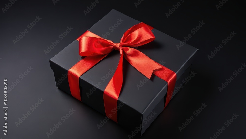 Minimalist Black Box with Red Ribbon. A stylish black gift box with a bright red ribbon on a dark background. Ideal for holiday, birthday, or luxury advertising materials Minimalist Black Box with Red Ribbon. A stylish black gift box with a bright red ribbon on a dark background. Ideal for holiday, birthday, or luxury advertising materials