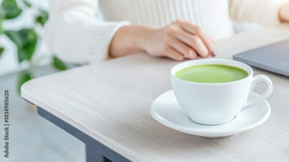 A woman is sitting at a desk with a cup of green tea on a saucer A woman is sitting at a desk with a cup of green tea on a saucer