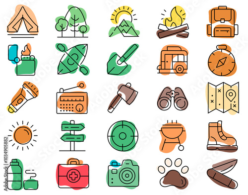 vector set of camping stuff. Flat style simple illustration of countryside design icons. Use for outdoor design, textile, fabric, pattern, print, postcard, poster, children’s book, web