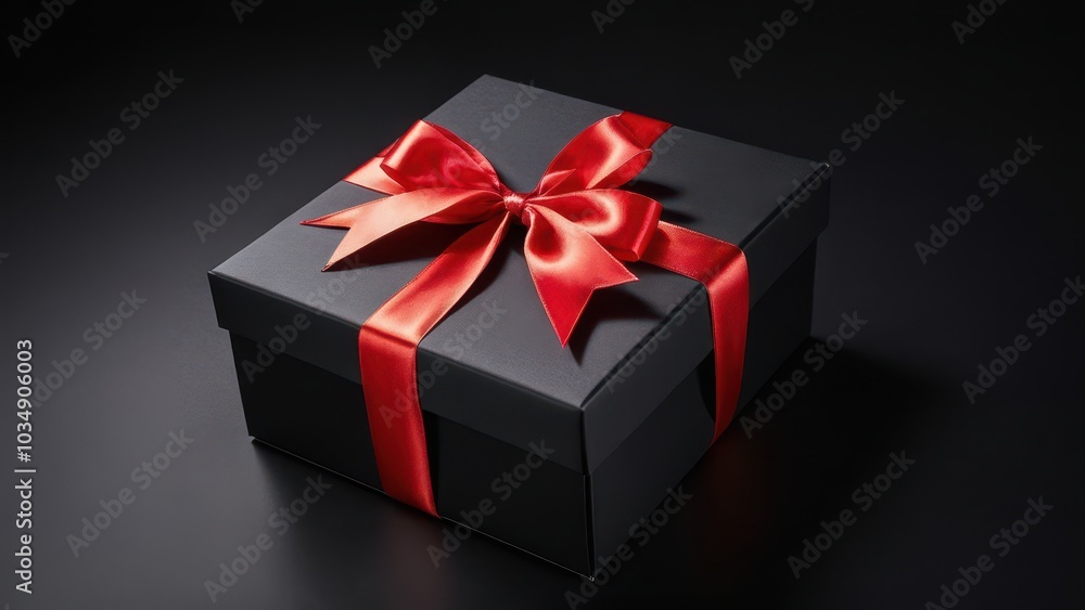 Minimalist Black Box with Red Ribbon. A stylish black gift box with a bright red ribbon on a dark background. Ideal for holiday, birthday, or luxury advertising materials Minimalist Black Box with Red Ribbon. A stylish black gift box with a bright red ribbon on a dark background. Ideal for holiday, birthday, or luxury advertising materials