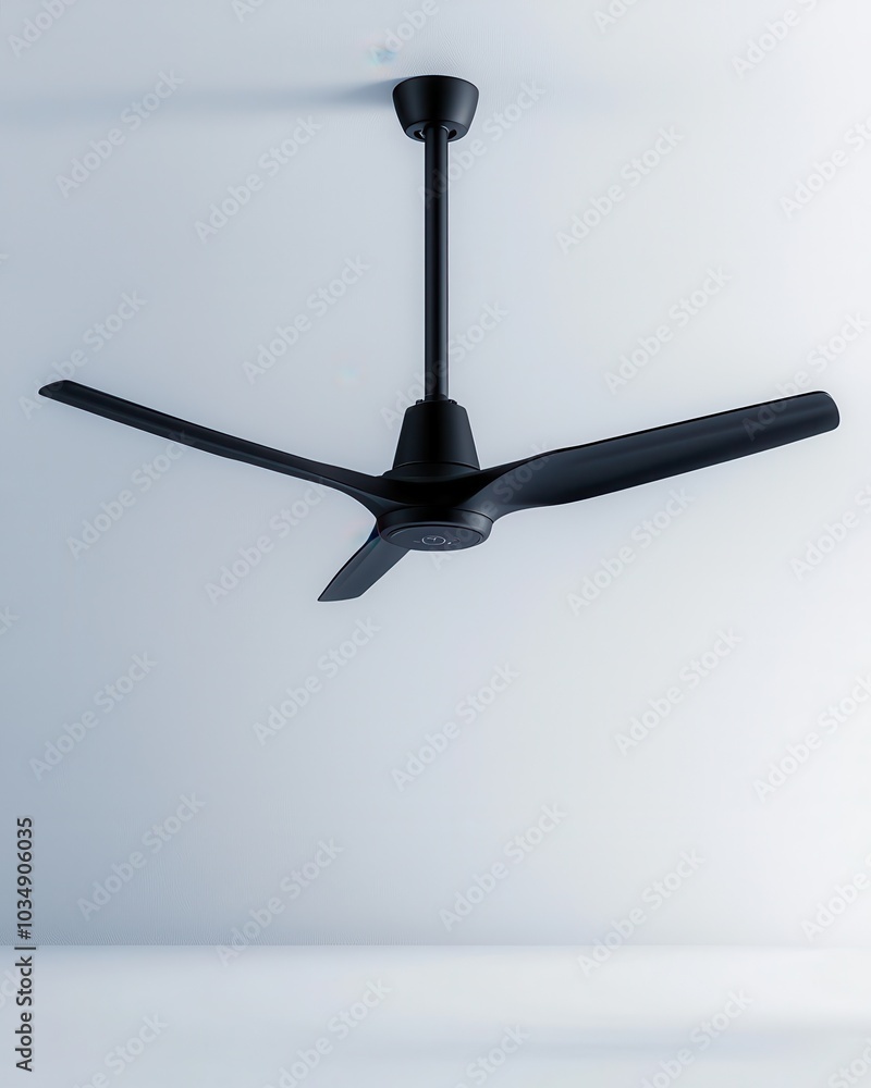 A sleek black ceiling fan with three blades, mounted on a simple rod from the ceiling, set against a minimalistic background. A sleek black ceiling fan with three blades, mounted on a simple rod from the ceiling, set against a minimalistic background.
