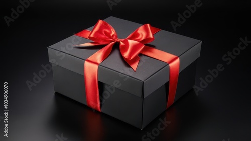 Luxury Gift Box with Red Satin Ribbon. A matte black gift box tied with a red satin ribbon. Clean and elegant, perfect for holiday promotions, greeting cards, and marketing visuals