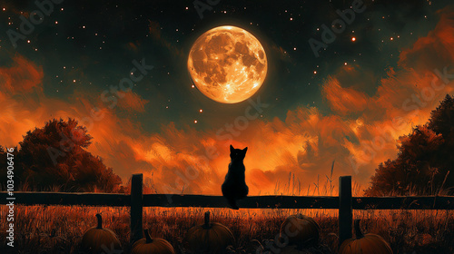 A silhouette of a cat sitting on a fence, gazing up at a giant harvest moon. The sky is filled with twinkling stars, and the field below is dotted with pumpkins and hay bales.