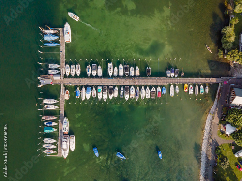 Direct view from top to a boat pier at the Bodensee lake photo